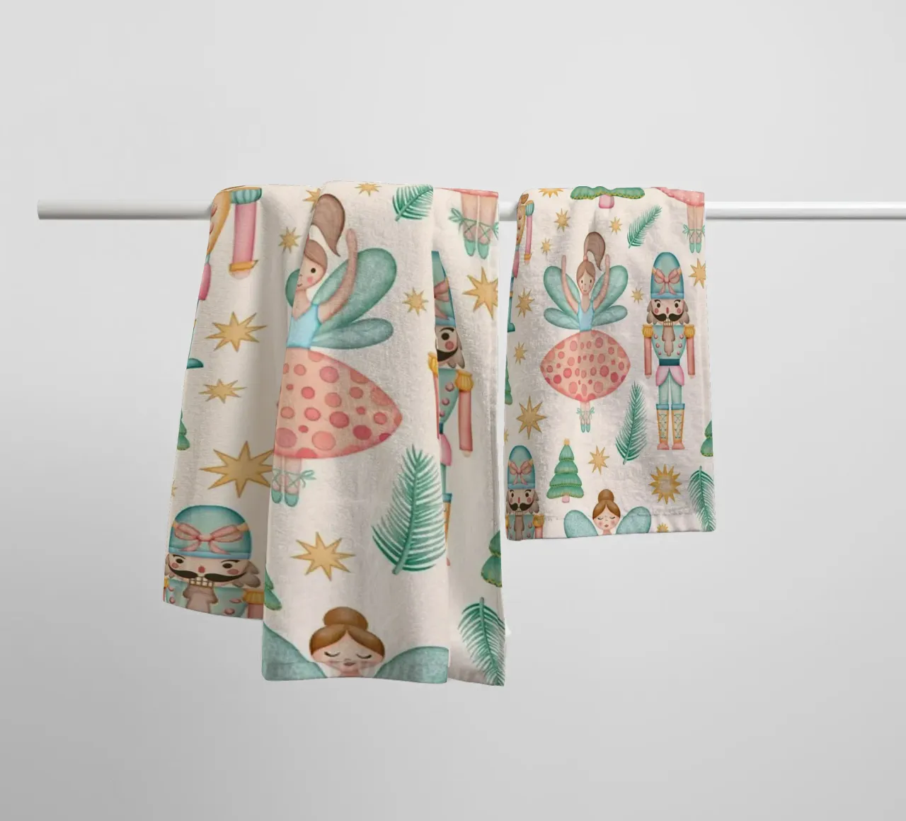 Nutcracker Ballet and Fairies on Cream Background towel by CoelfenArt