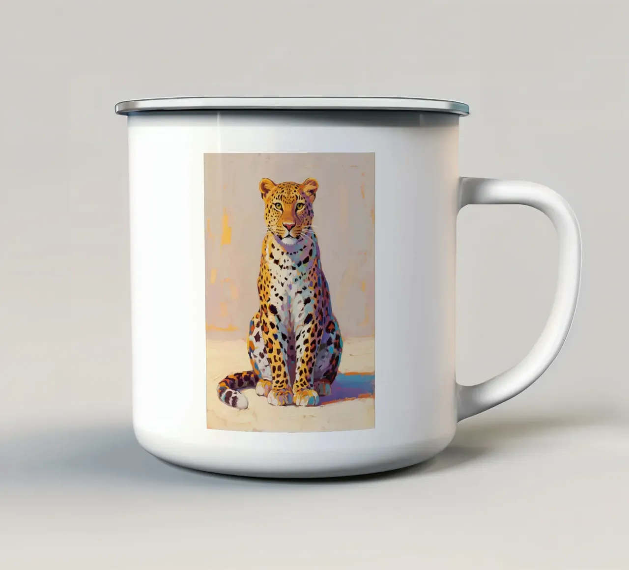 Luipaard zit rustig in de kamer emaille mok van Slash Shop