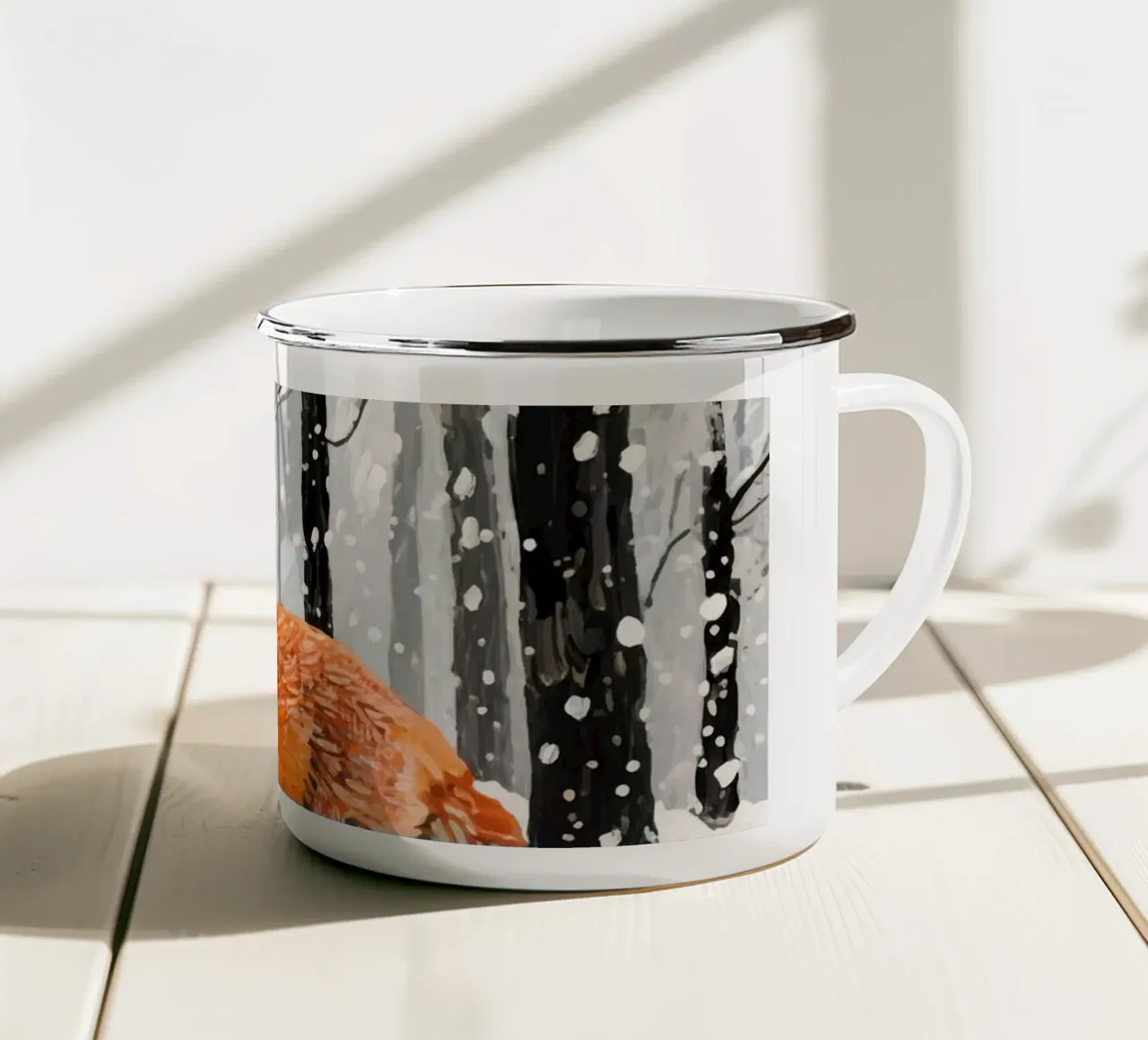 Volpe arancione nella foresta di neve tazza in smalto da Slash Shop