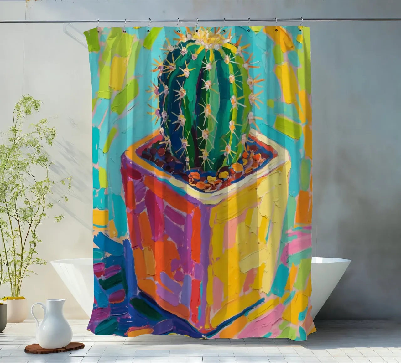 Piccolo cactus in un vaso a forma di cubo tenda da doccia da Slash Shop