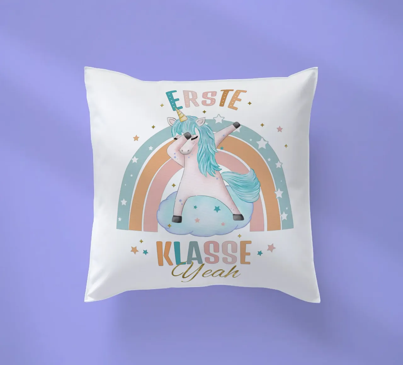 First class, primary school. Yeah, the unicorn is happy. decorative cushion by CalliLetters