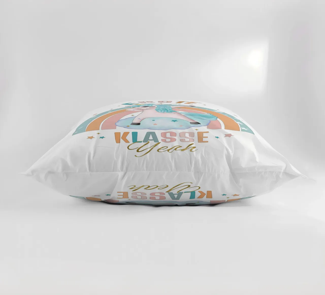 First class, primary school. Yeah, the unicorn is happy. decorative cushion by CalliLetters