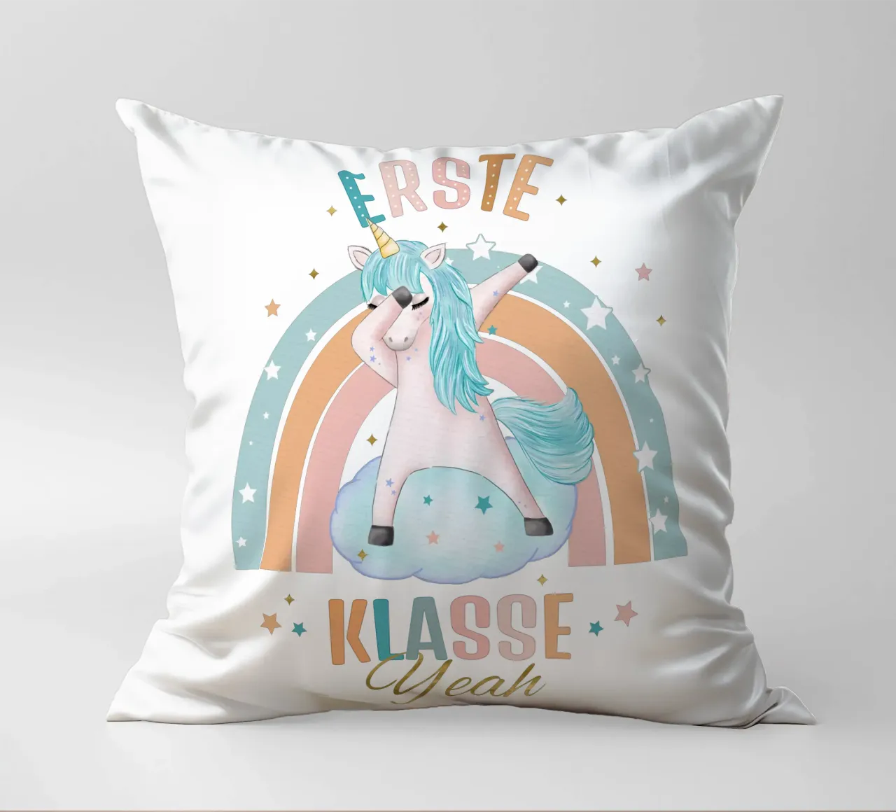 First class, primary school. Yeah, the unicorn is happy. decorative cushion by CalliLetters