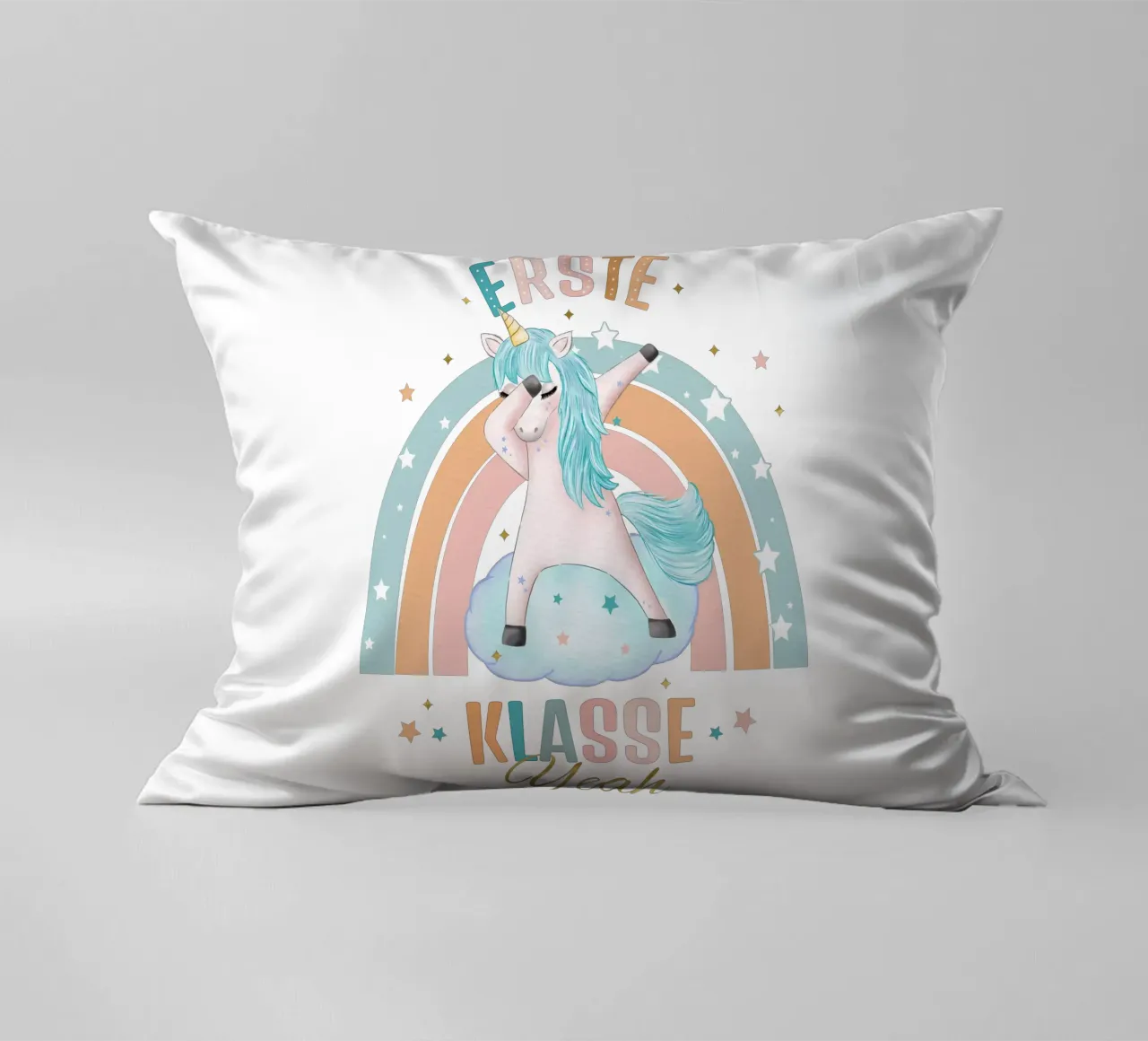 First class, primary school. Yeah, the unicorn is happy. decorative cushion by CalliLetters