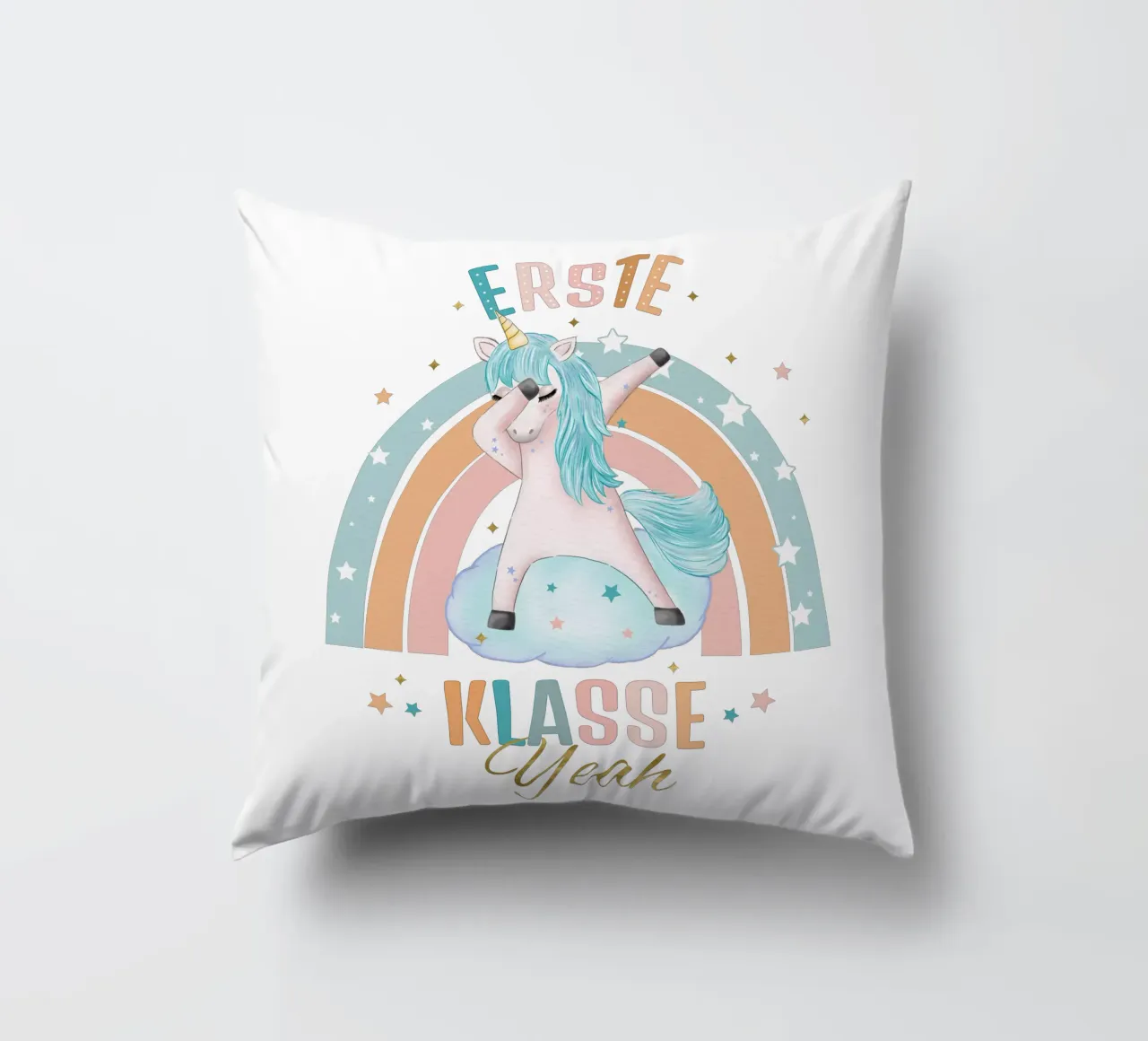 First class, primary school. Yeah, the unicorn is happy. decorative cushion by CalliLetters