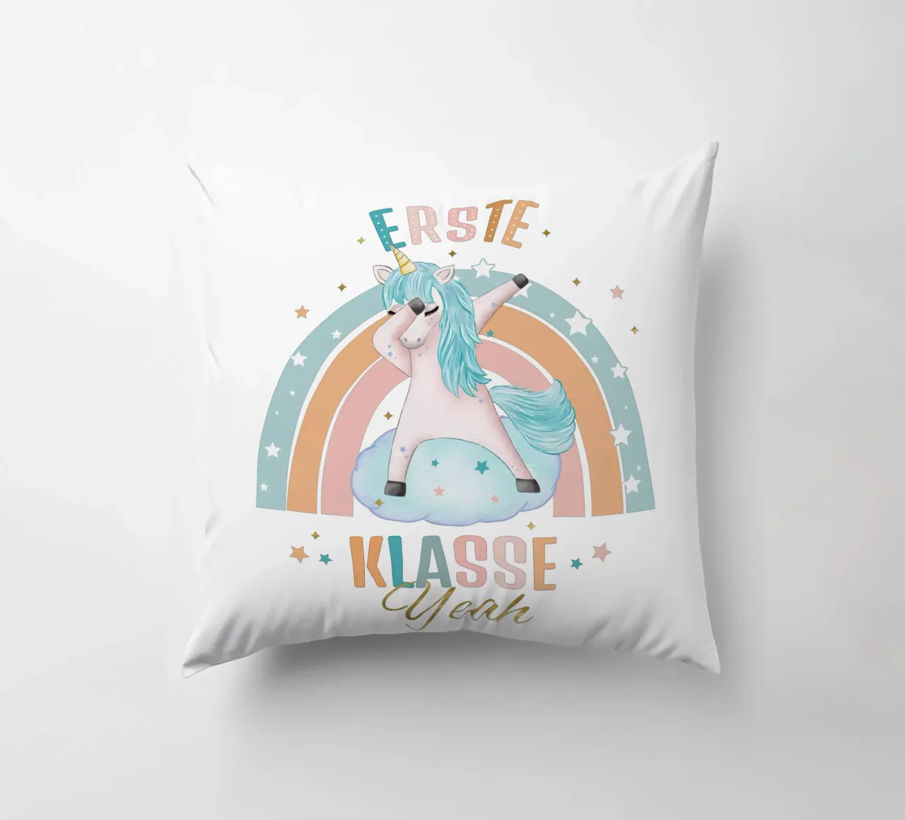 First class, primary school. Yeah, the unicorn is happy. decorative cushion by CalliLetters