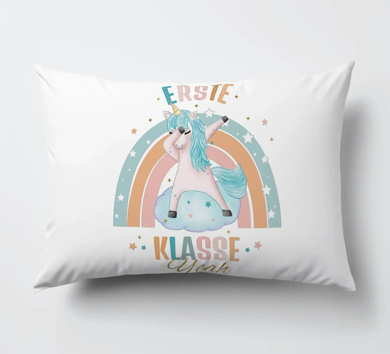 First class, primary school. Yeah, the unicorn is happy. decorative cushion by CalliLetters