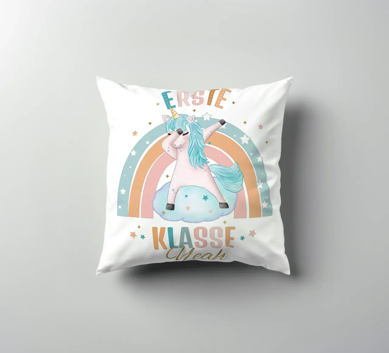 First class, primary school. Yeah, the unicorn is happy. decorative cushion by CalliLetters