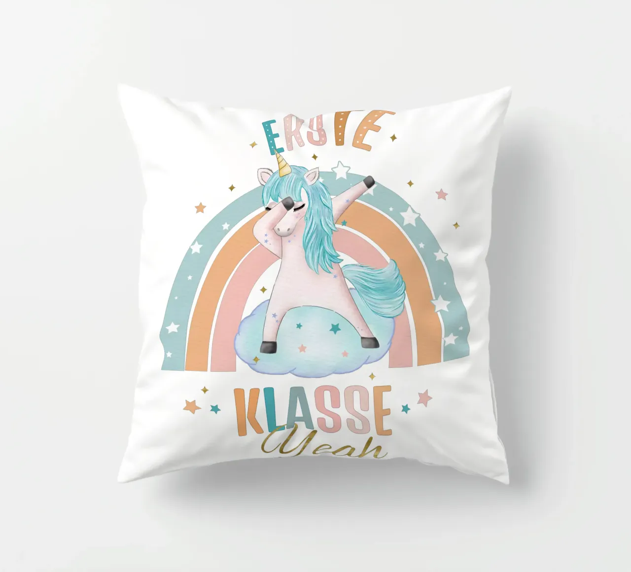 First class, primary school. Yeah, the unicorn is happy. decorative cushion by CalliLetters