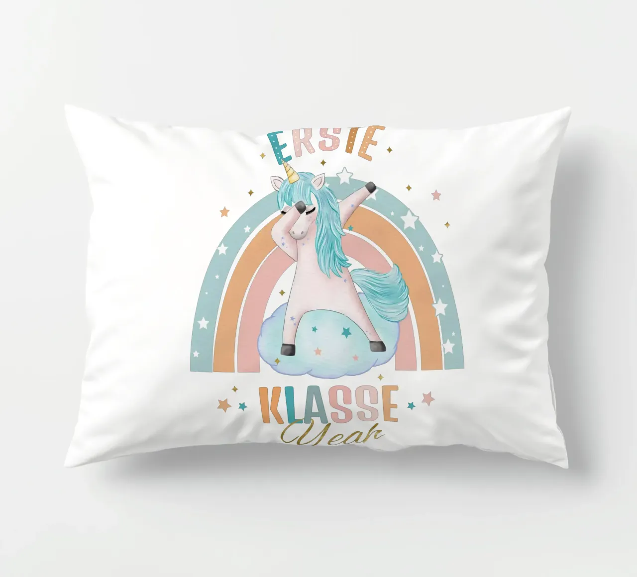First class, primary school. Yeah, the unicorn is happy. decorative cushion by CalliLetters