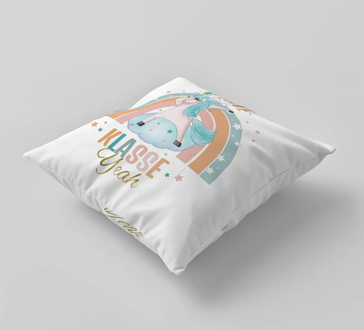 First class, primary school. Yeah, the unicorn is happy. decorative cushion by CalliLetters