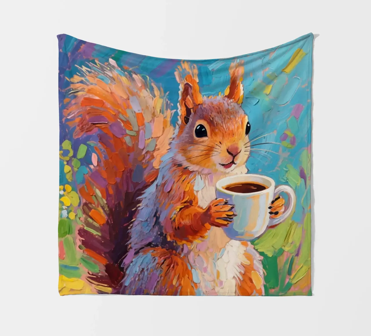 Scoiattolo con in mano una tazza di caffè coperta in pile da Slash Shop