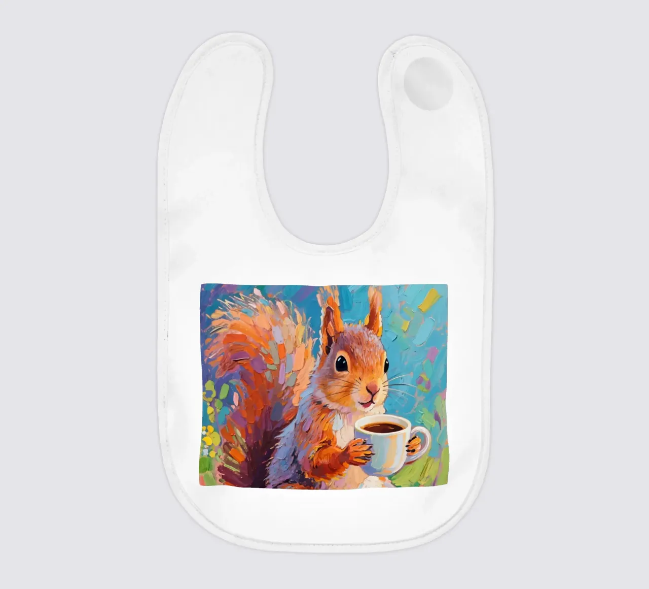 Scoiattolo con in mano una tazza di caffè bavaglino da Slash Shop