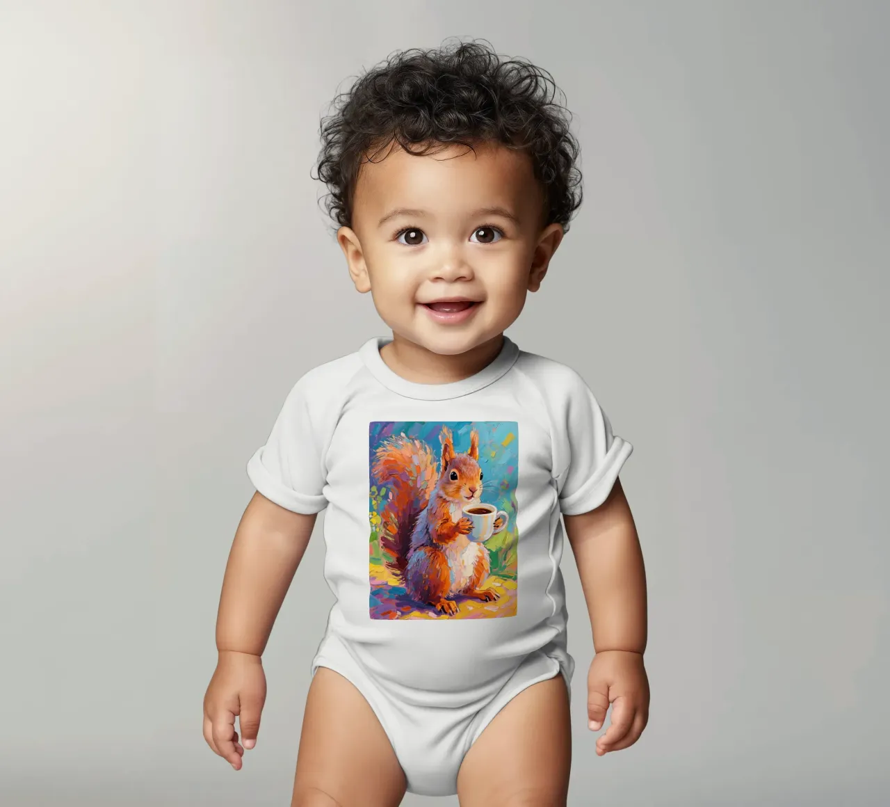Scoiattolo con in mano una tazza di caffè body neonato maniche corte da Slash Shop