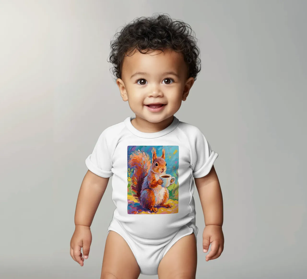 Scoiattolo con in mano una tazza di caffè body neonato maniche corte da Slash Shop