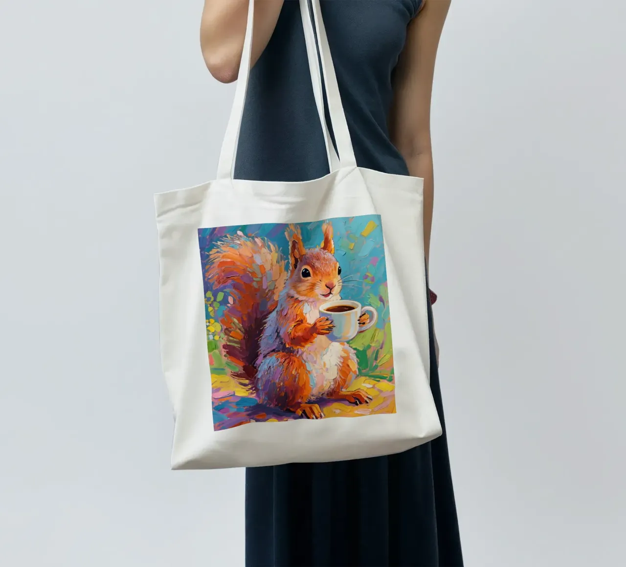 Scoiattolo con in mano una tazza di caffè borsa in juta da Slash Shop