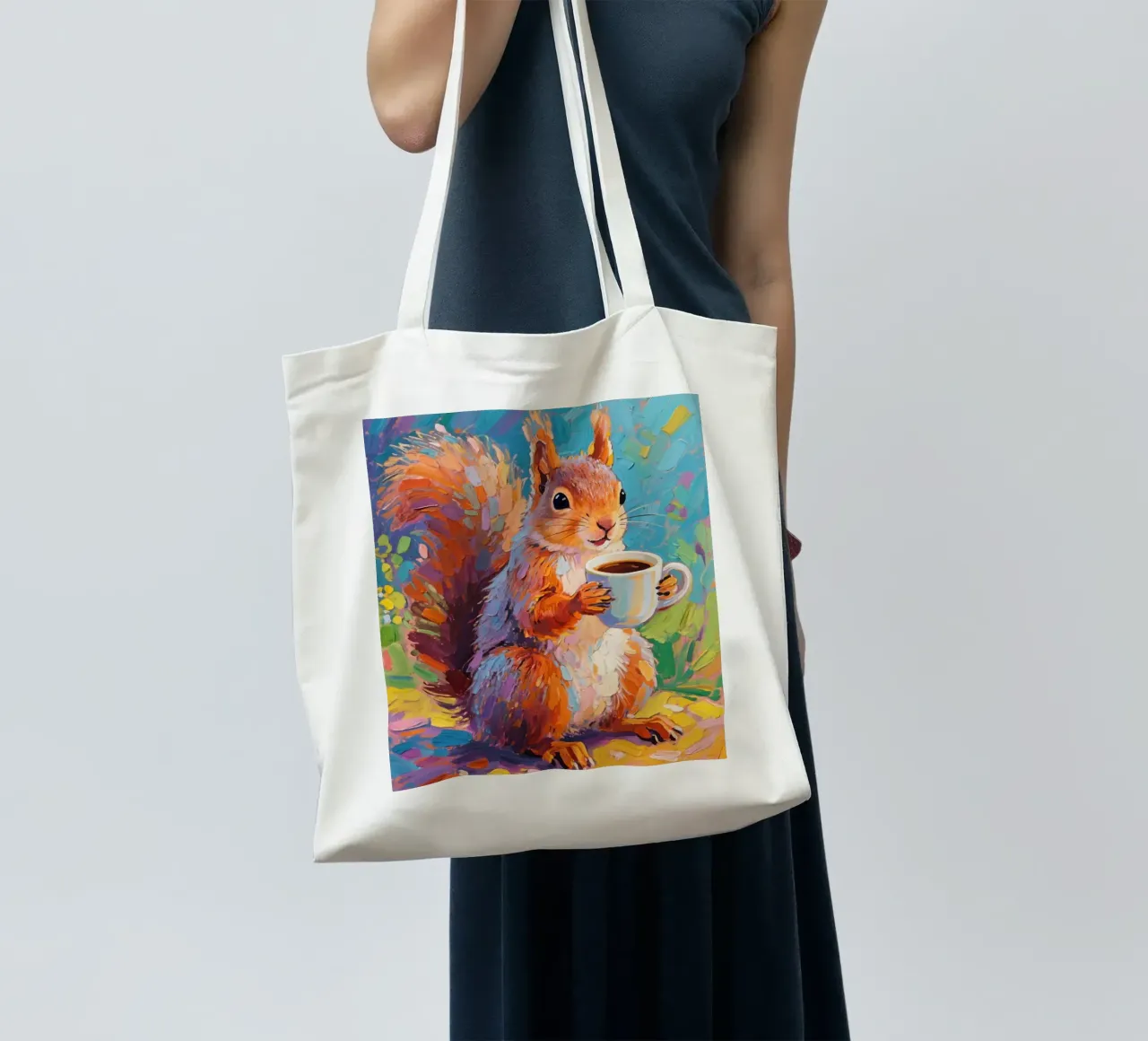 Scoiattolo con in mano una tazza di caffè borsa in juta da Slash Shop