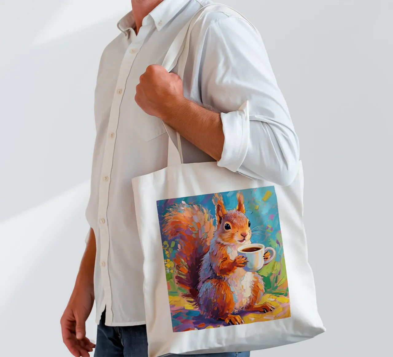 Scoiattolo con in mano una tazza di caffè borsa in juta da Slash Shop