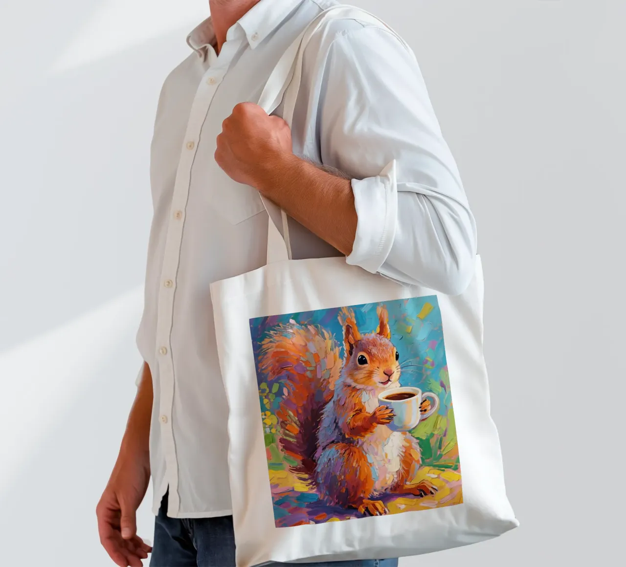 Scoiattolo con in mano una tazza di caffè borsa in juta da Slash Shop