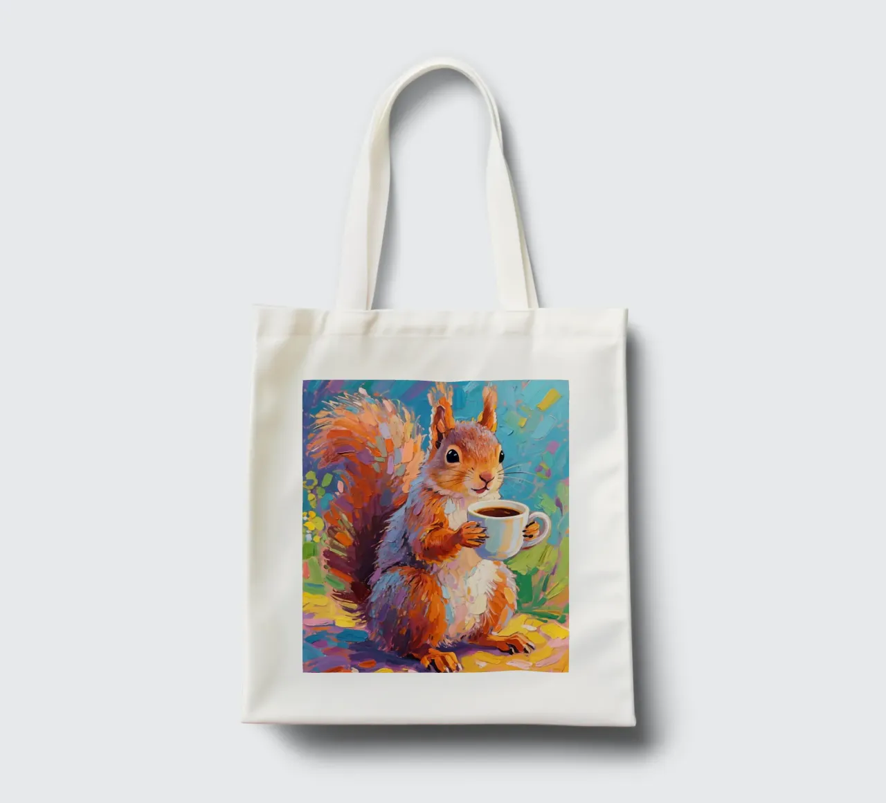 Scoiattolo con in mano una tazza di caffè borsa in juta da Slash Shop