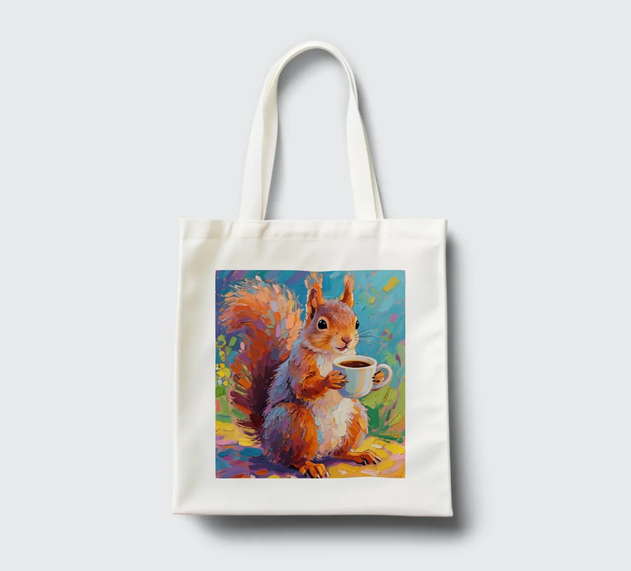 Scoiattolo con in mano una tazza di caffè borsa in juta da Slash Shop