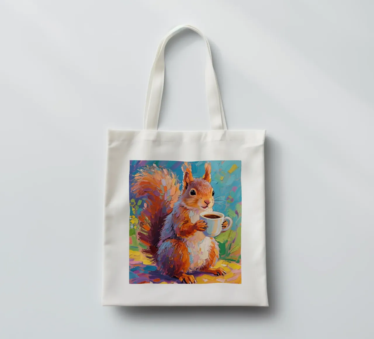 Scoiattolo con in mano una tazza di caffè borsa in juta da Slash Shop