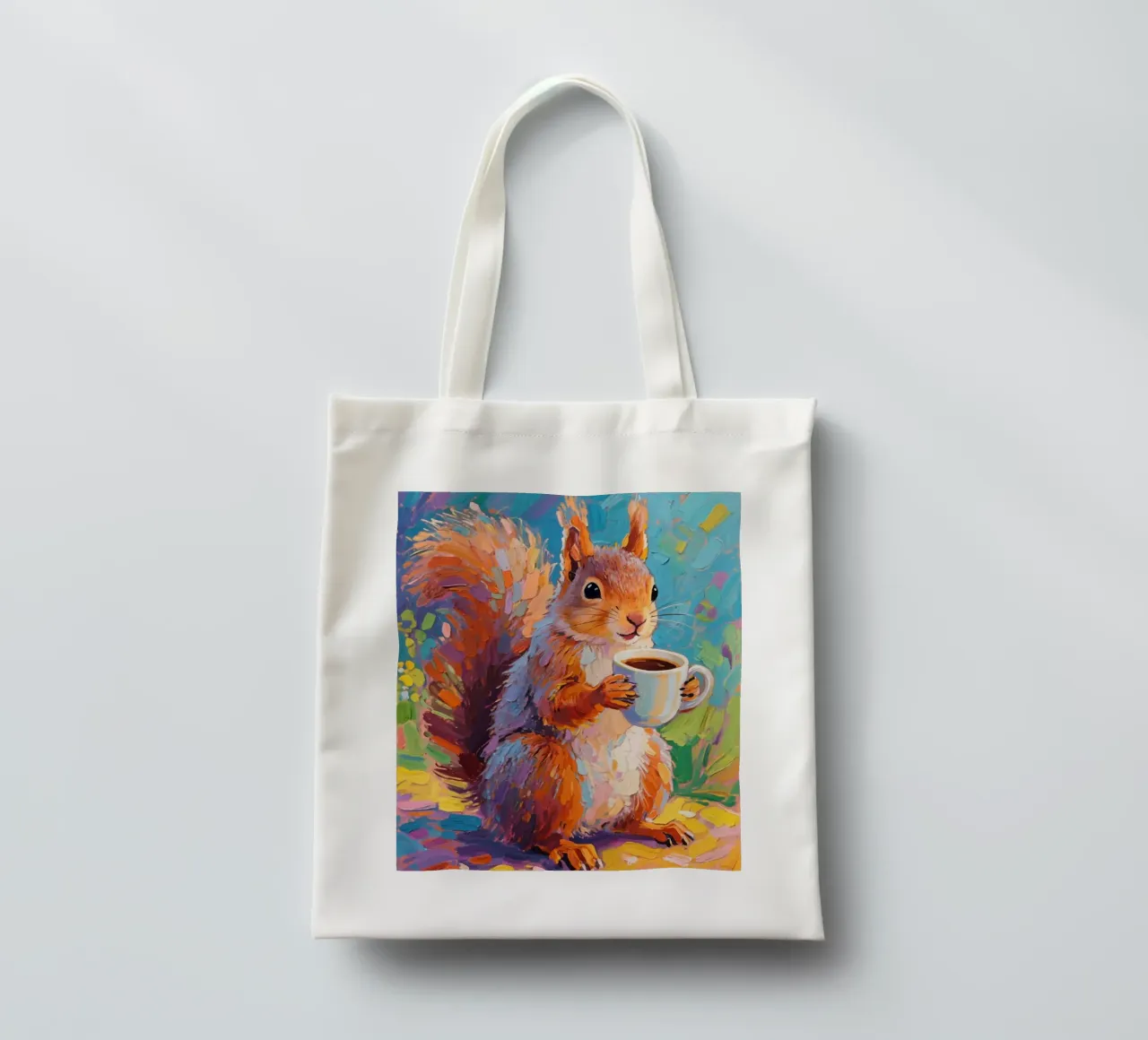 Scoiattolo con in mano una tazza di caffè borsa in juta da Slash Shop