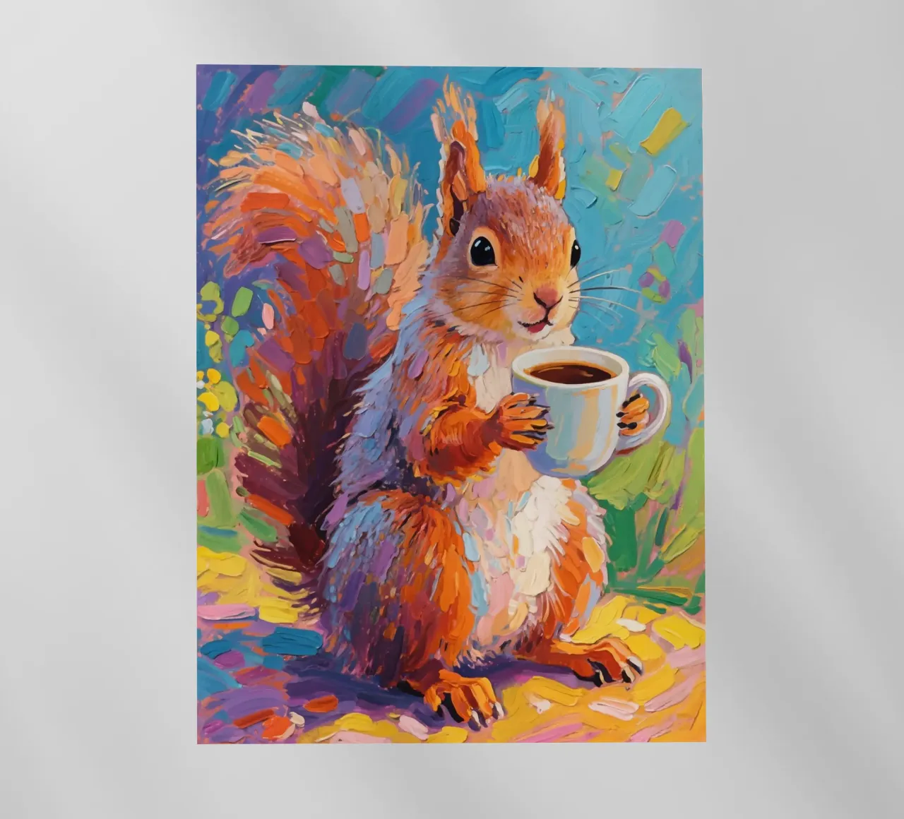 Scoiattolo con in mano una tazza di caffè pellicola backlit da Slash Shop