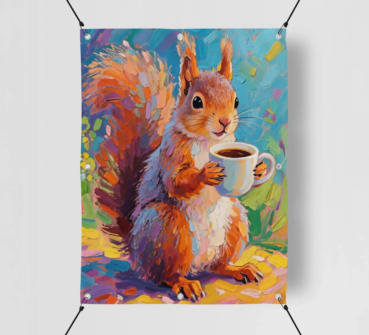 Scoiattolo con in mano una tazza di caffè telo in pvc da Slash Shop