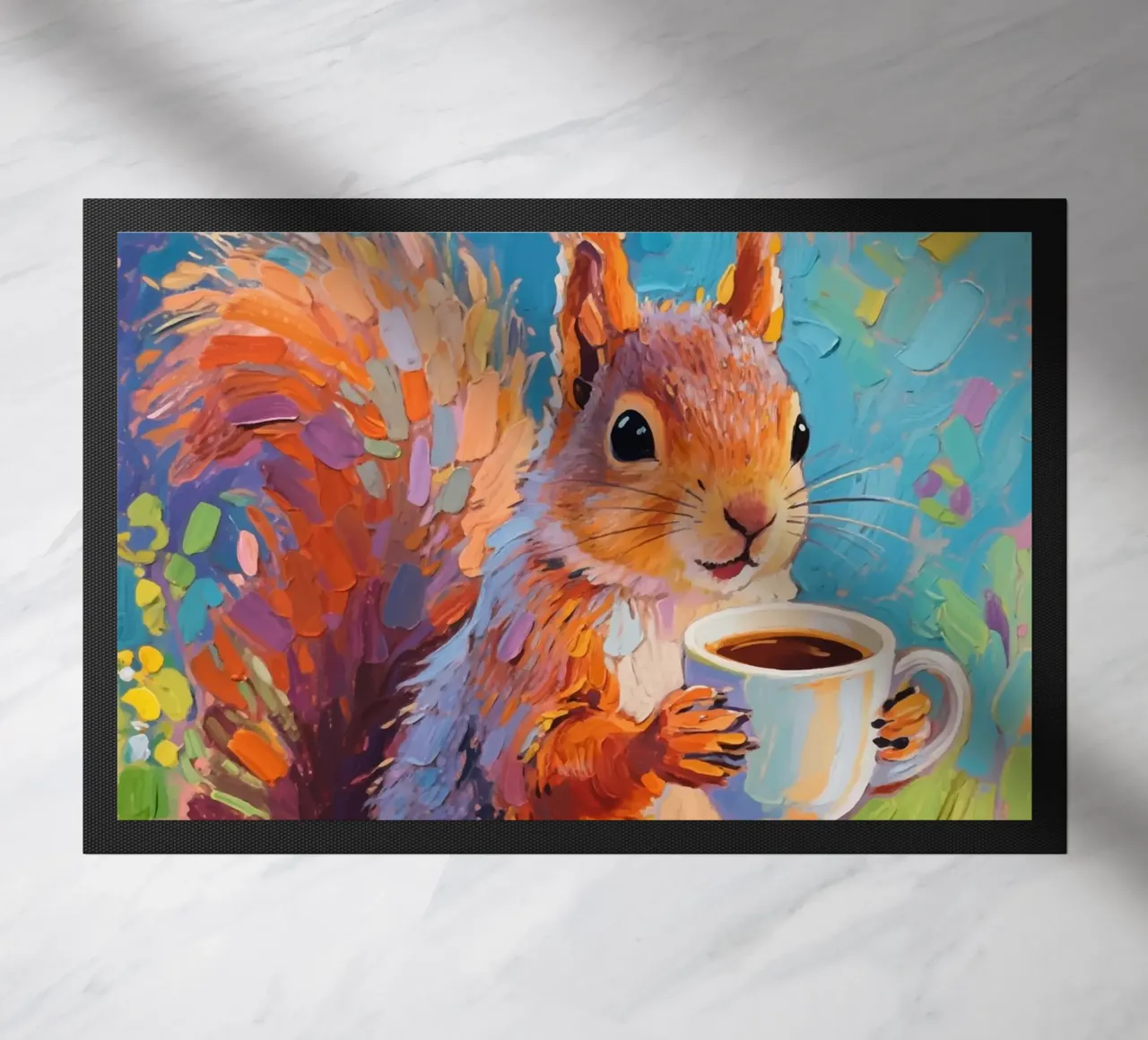 Scoiattolo con in mano una tazza di caffè zerbino da Slash Shop