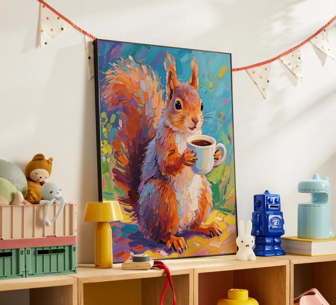 Scoiattolo con in mano una tazza di caffè alluminio dibond da Slash Shop