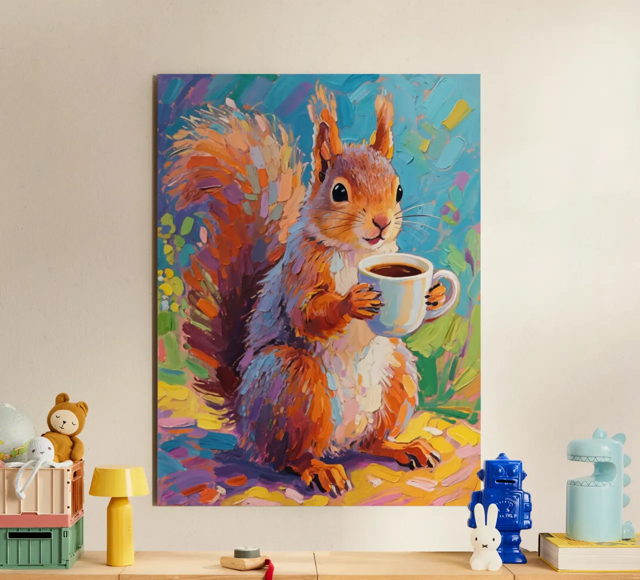 Scoiattolo con in mano una tazza di caffè alluminio dibond da Slash Shop