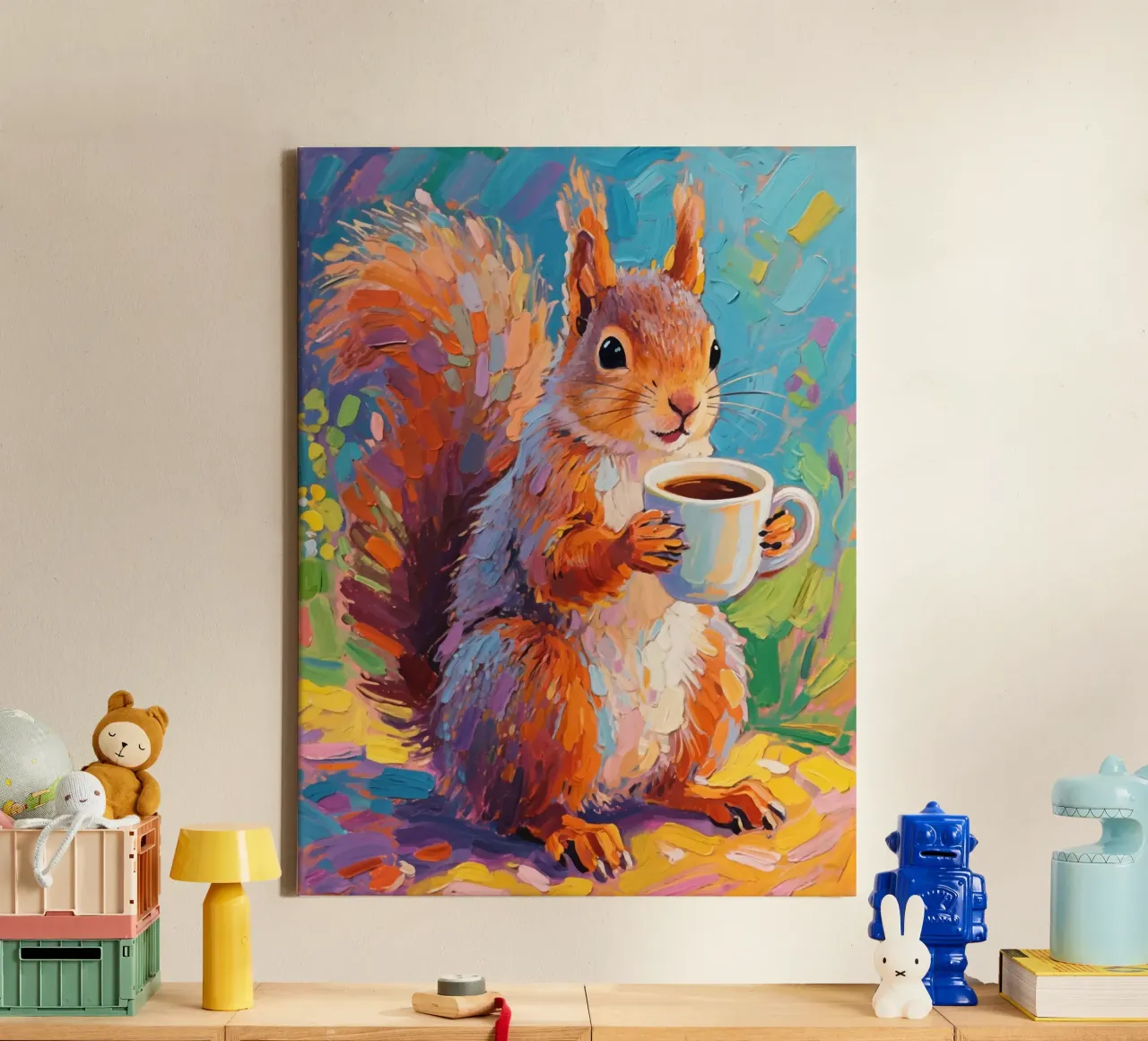 Scoiattolo con in mano una tazza di caffè tela da Slash Shop