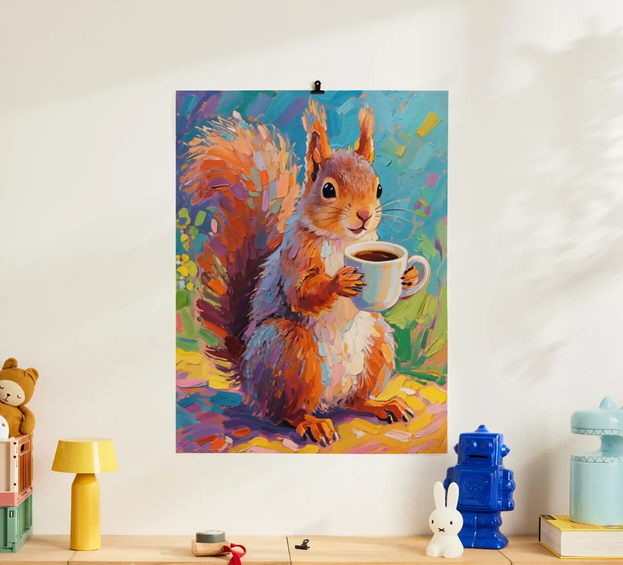 Scoiattolo con in mano una tazza di caffè carta hahnemühle da Slash Shop