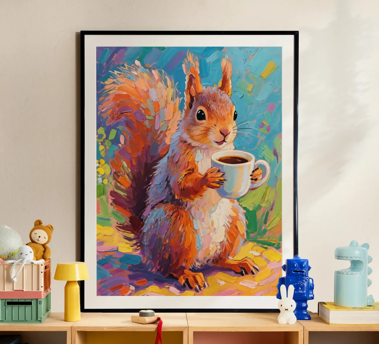 Scoiattolo con in mano una tazza di caffè carta hahnemühle da Slash Shop