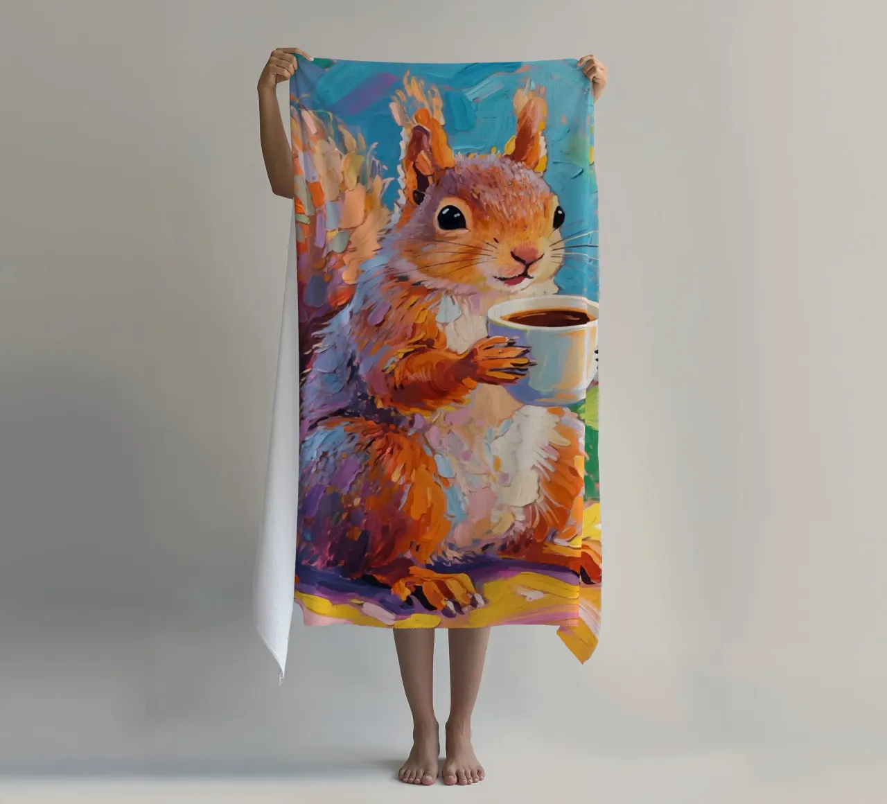 Scoiattolo con in mano una tazza di caffè telo mare da Slash Shop