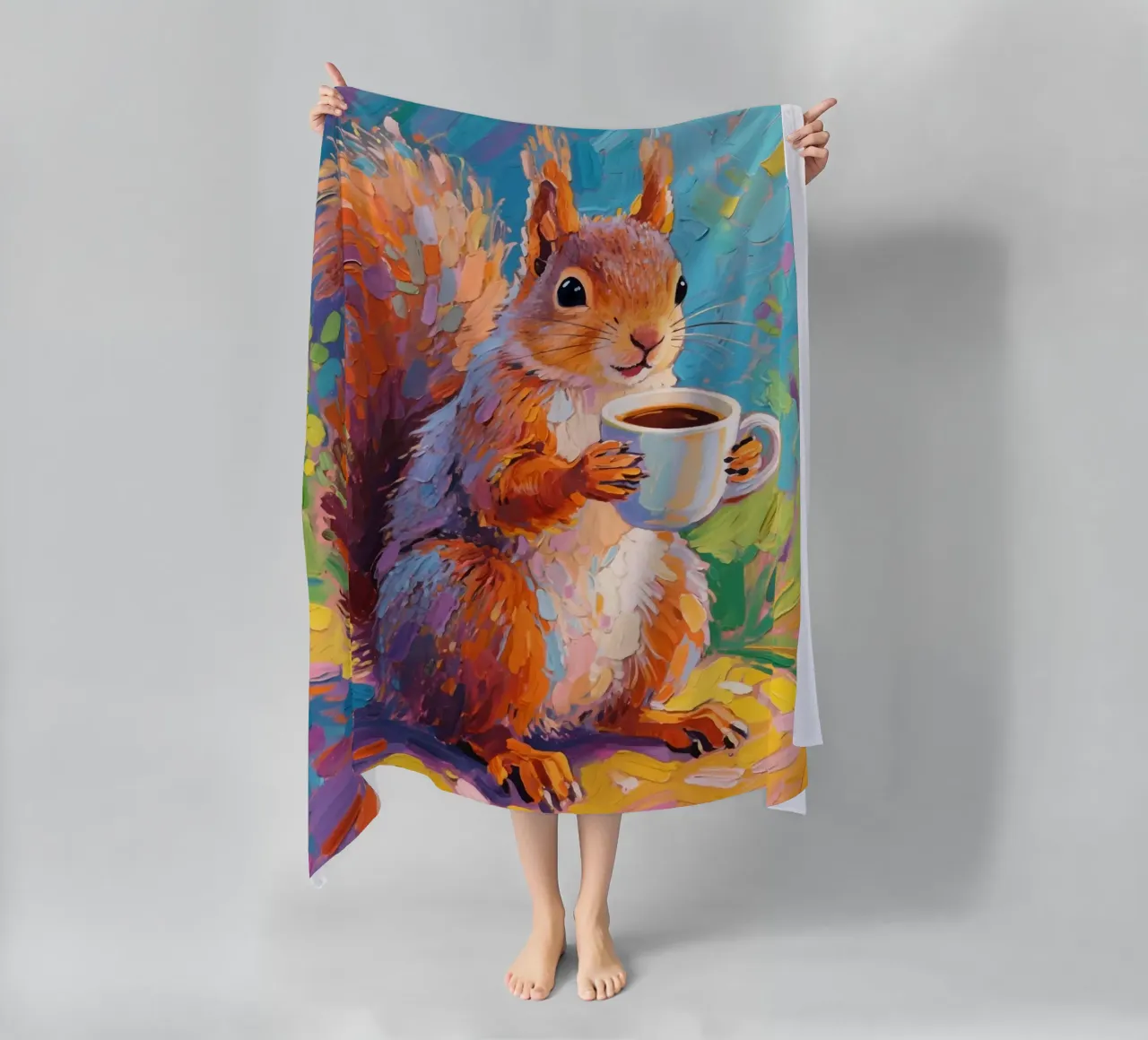 Scoiattolo con in mano una tazza di caffè telo mare da Slash Shop