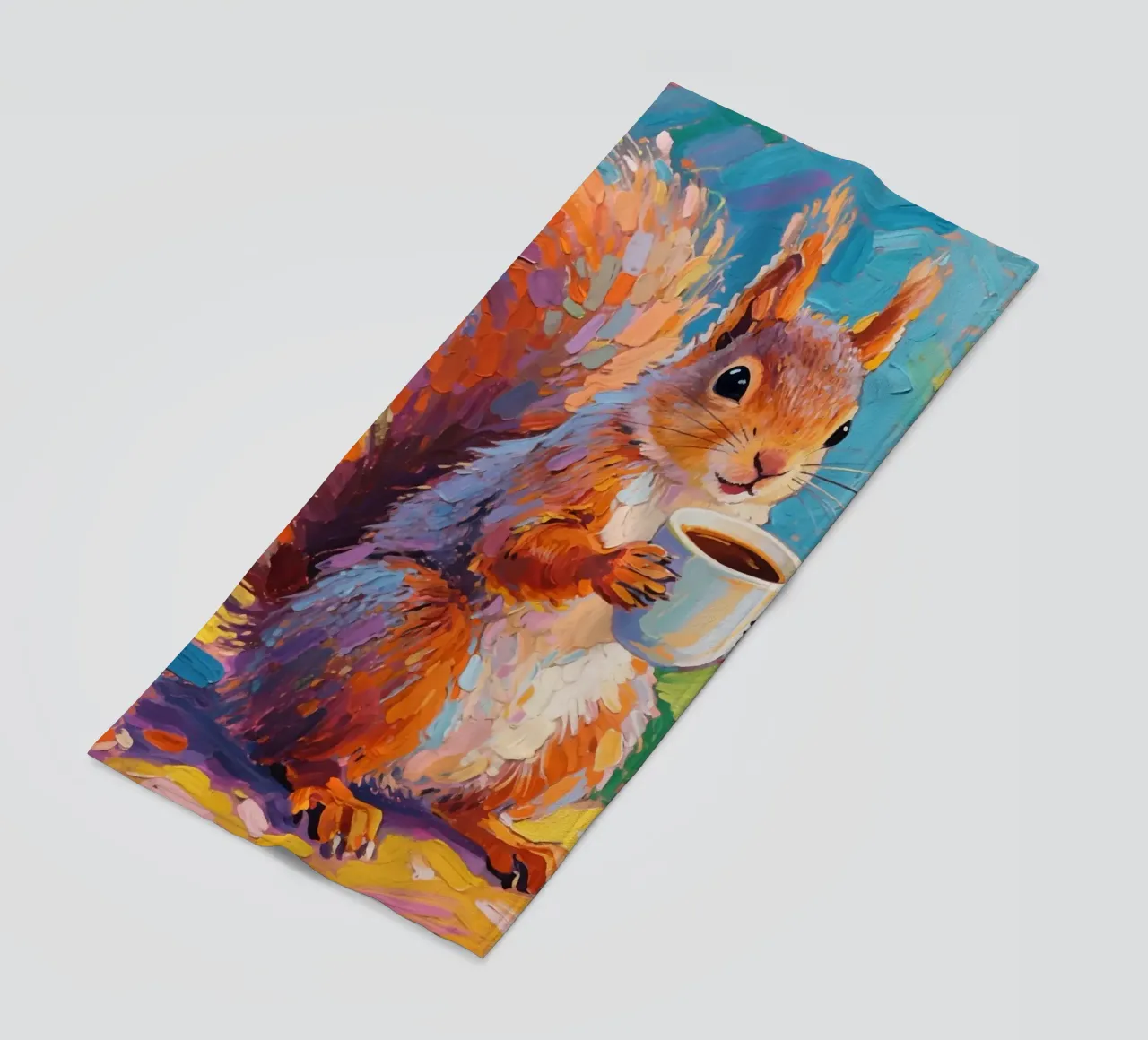 Scoiattolo con in mano una tazza di caffè telo mare da Slash Shop