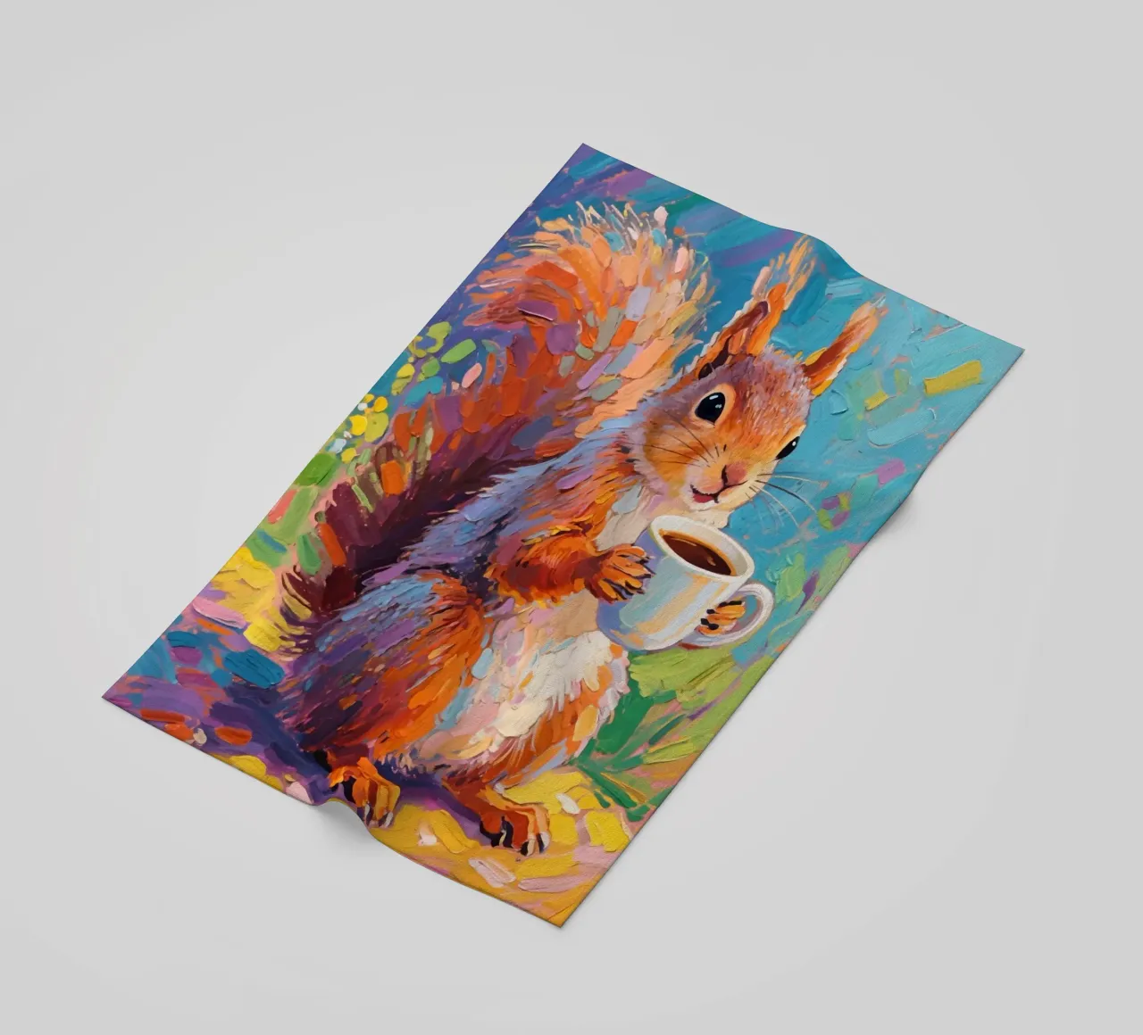 Scoiattolo con in mano una tazza di caffè telo mare da Slash Shop