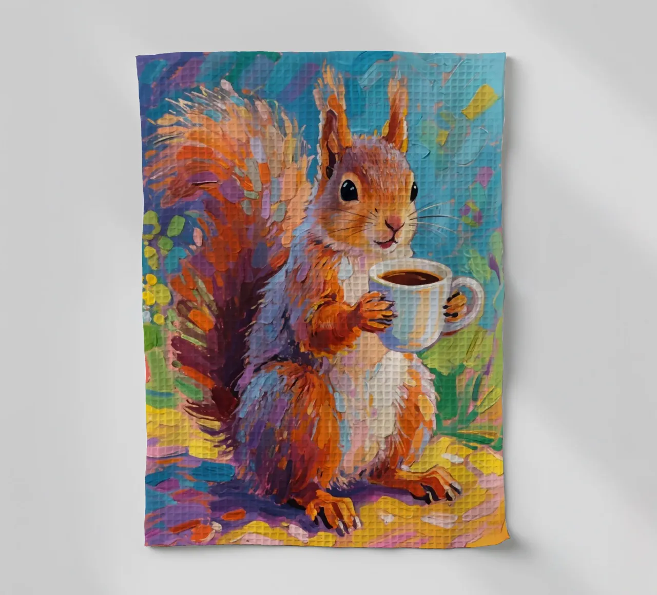 Scoiattolo con in mano una tazza di caffè canovaccio da cucina da Slash Shop