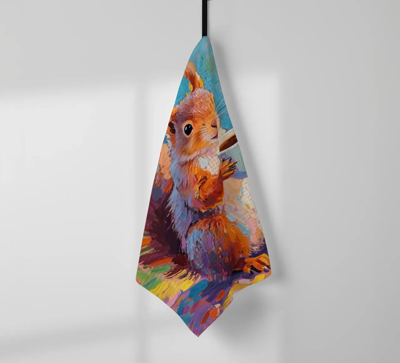 Scoiattolo con in mano una tazza di caffè canovaccio da cucina da Slash Shop