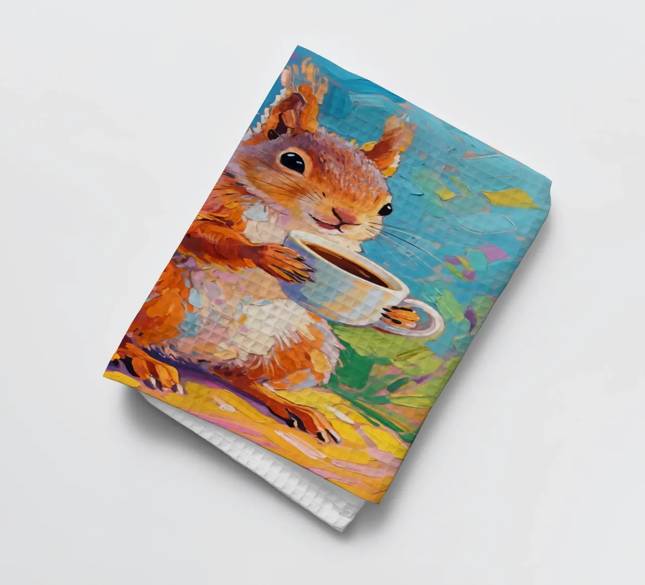 Scoiattolo con in mano una tazza di caffè canovaccio da cucina da Slash Shop