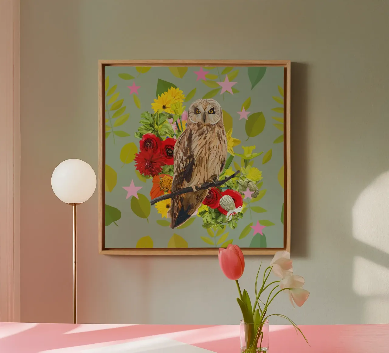 Foglie&Gufo tela con Cornice a cassetta da lauragriesch_art