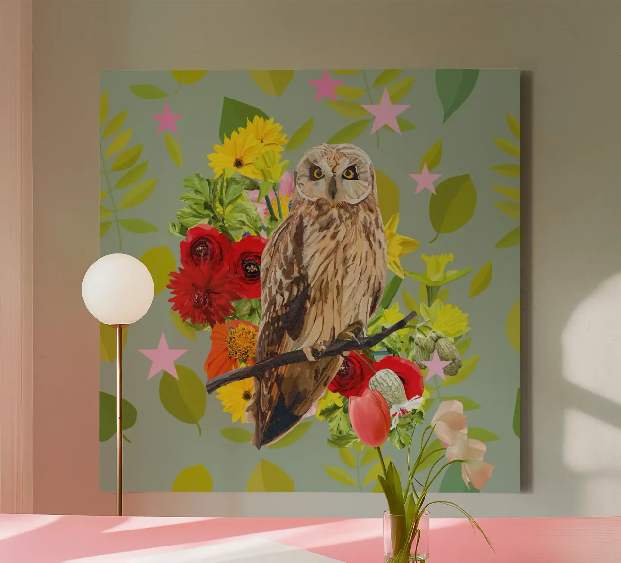 Foglie&Gufo tela con Cornice a cassetta da lauragriesch_art