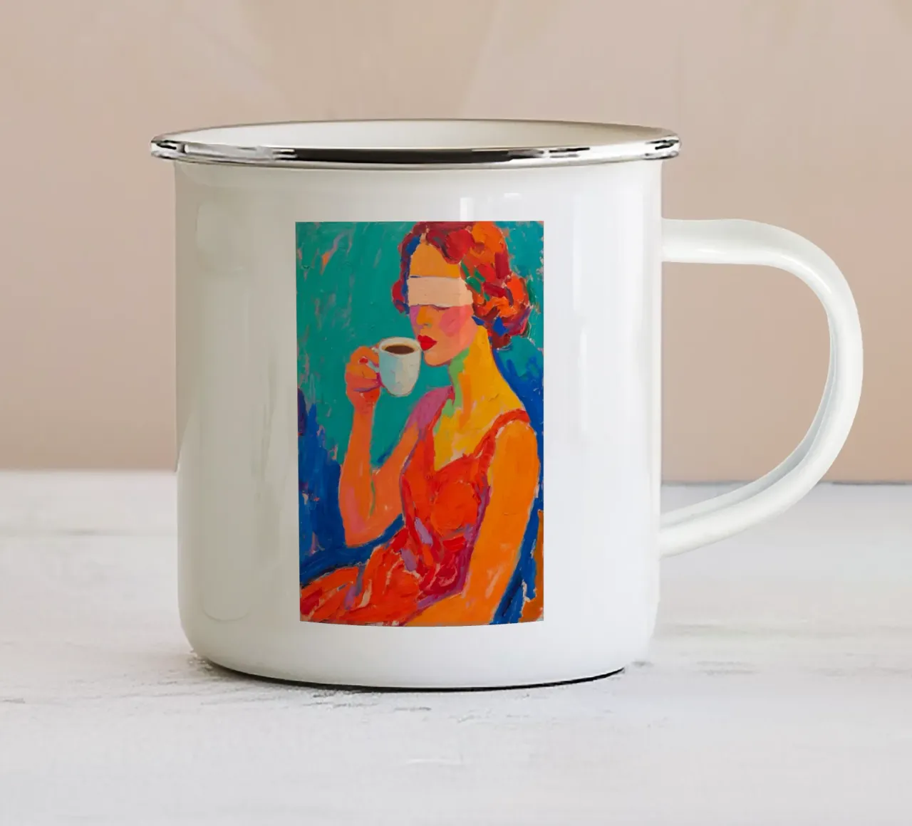 Donna che beve con occhi ciechi tazza in smalto da Slash Shop