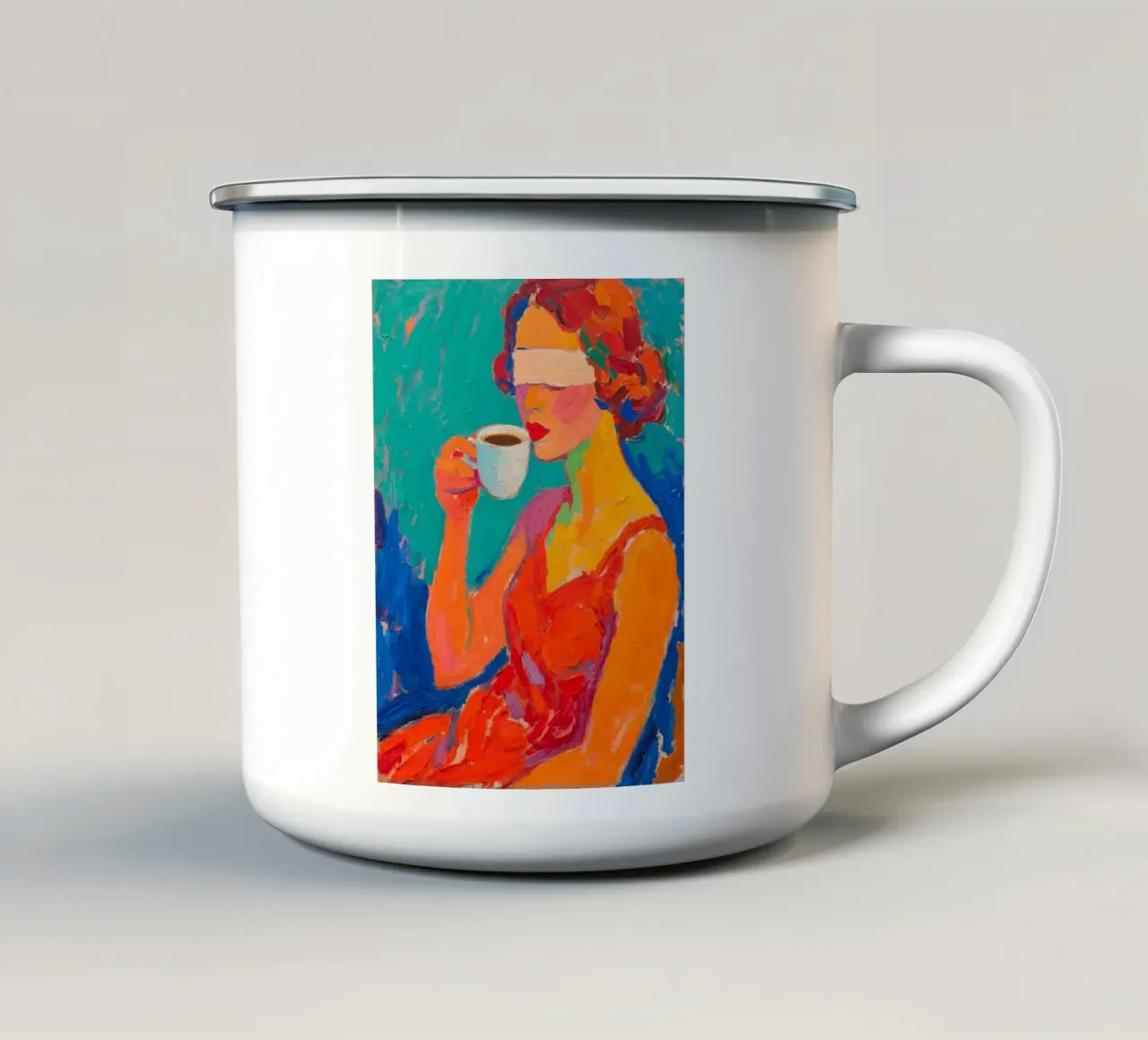 Donna che beve con occhi ciechi tazza in smalto da Slash Shop