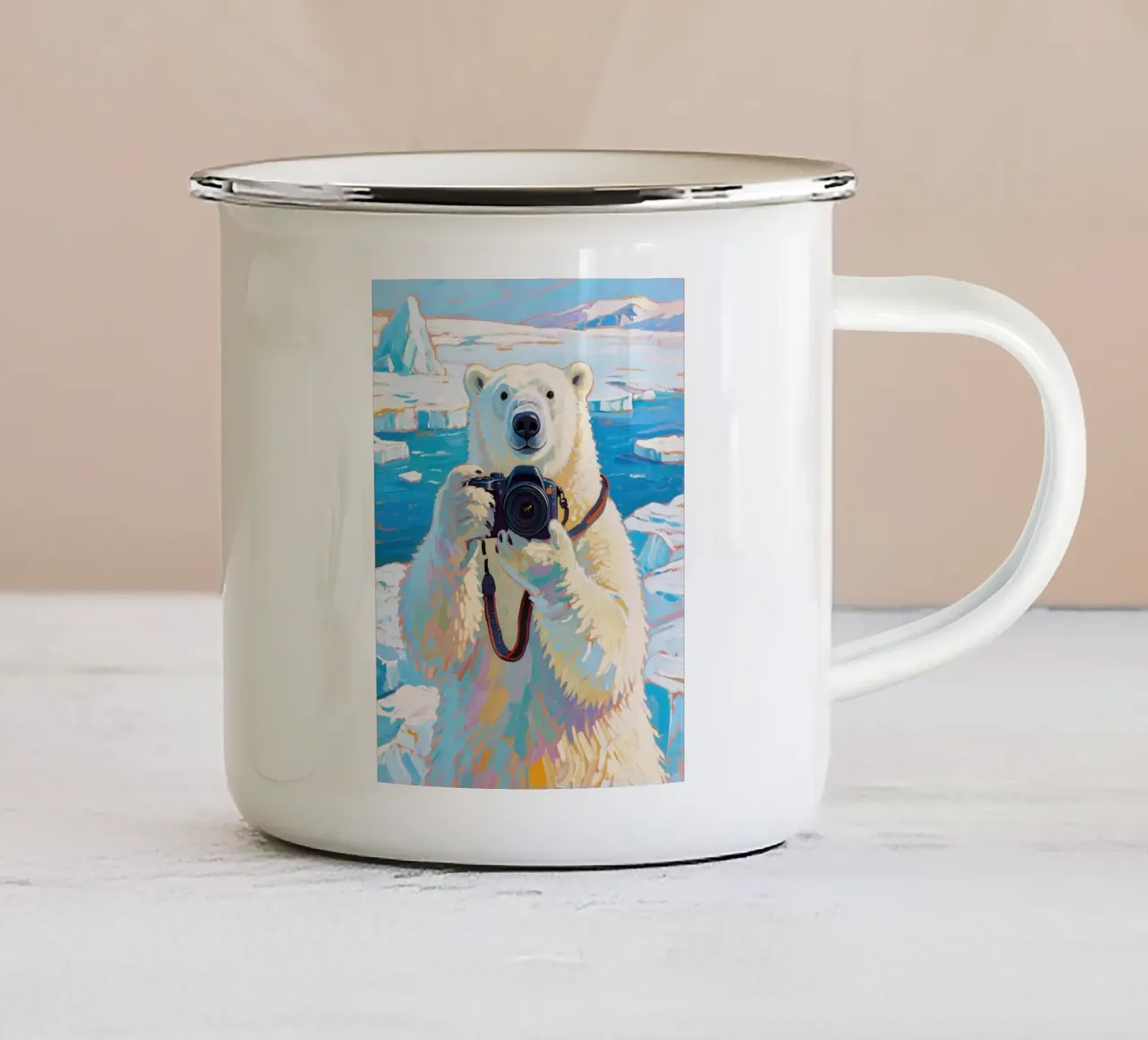 Orso polare con telecamera in mano tazza in smalto da Slash Shop