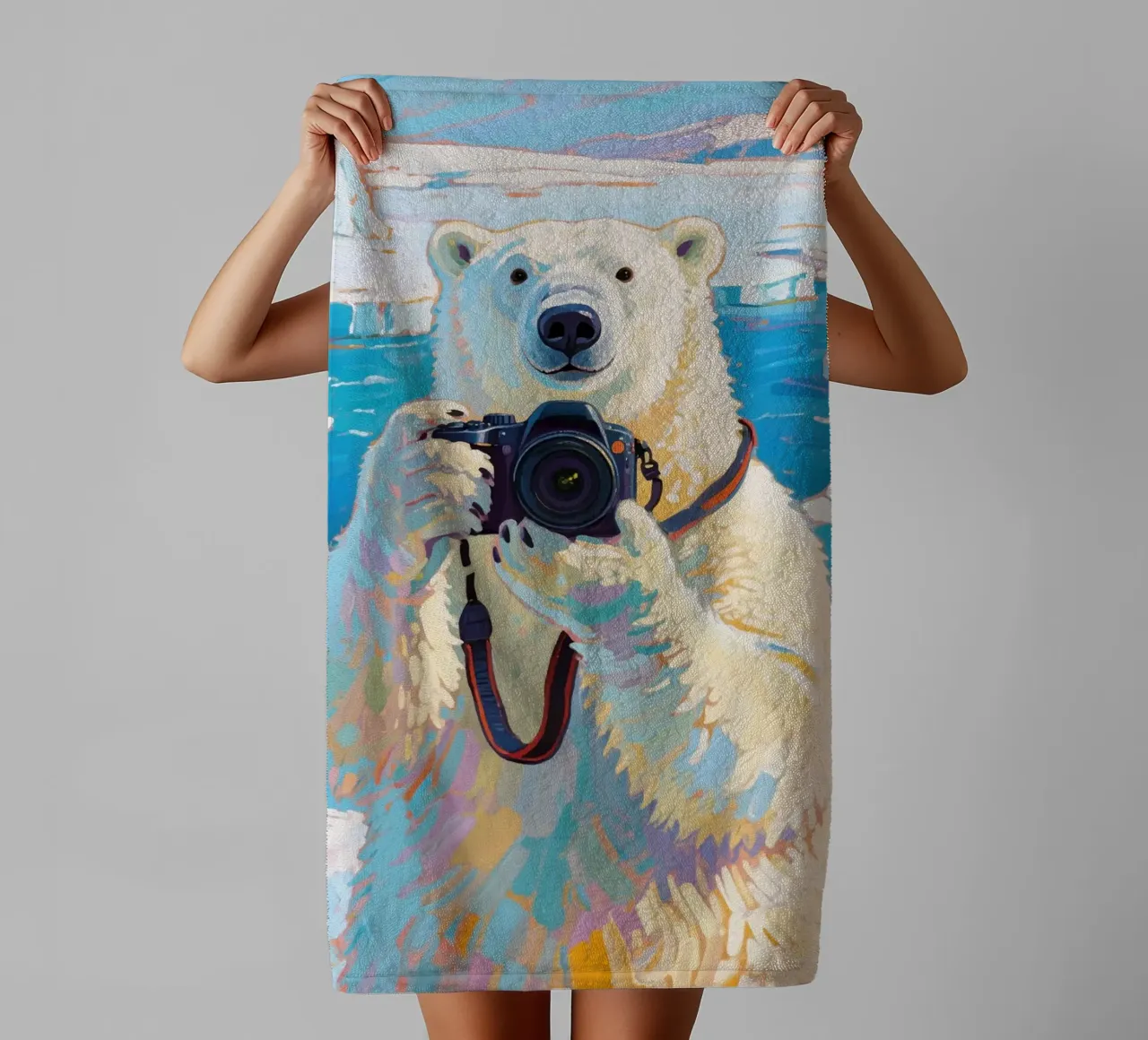 Orso polare con telecamera in mano asciugamano da bagno da Slash Shop