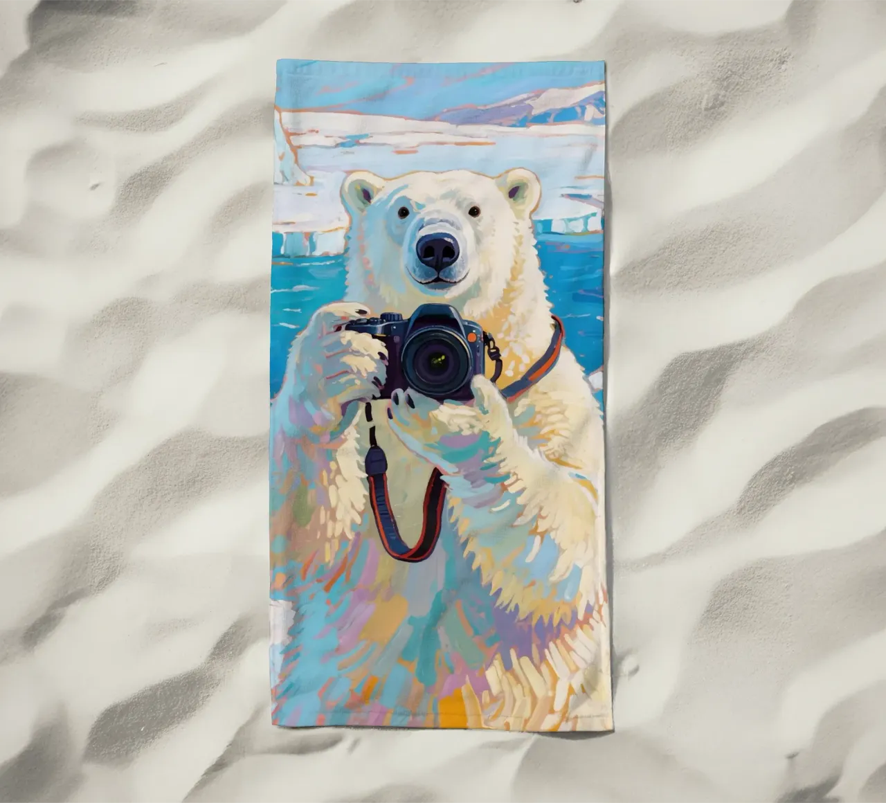 Orso polare con telecamera in mano telo mare da Slash Shop