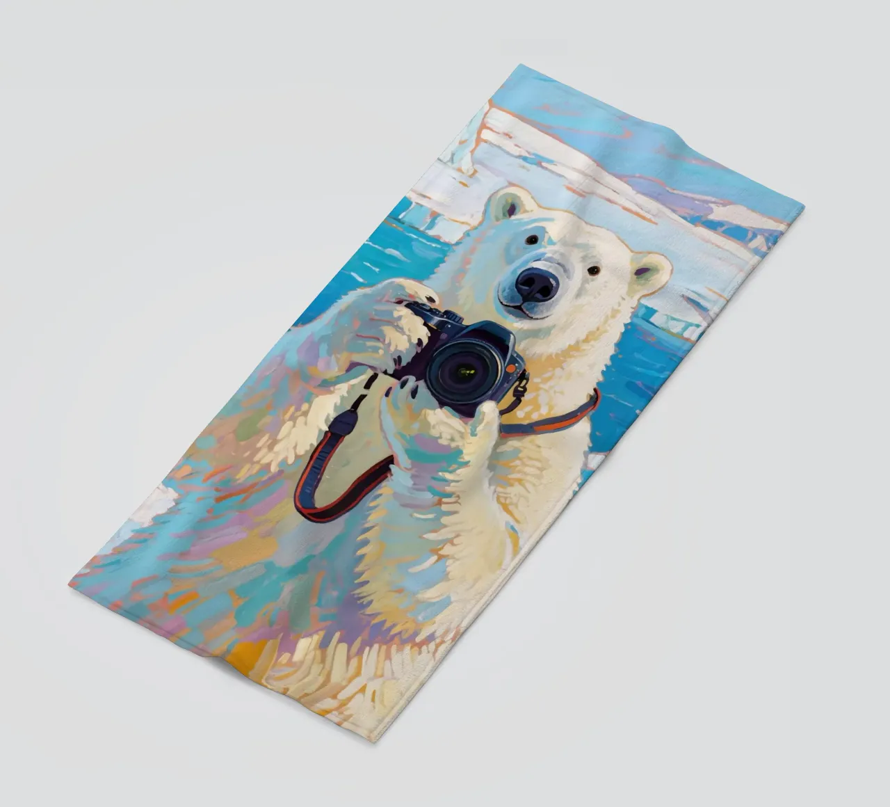 Orso polare con telecamera in mano telo mare da Slash Shop